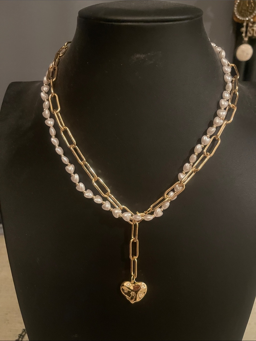 NWOT Gold & Pearl Layered Heart Pendant Necklace